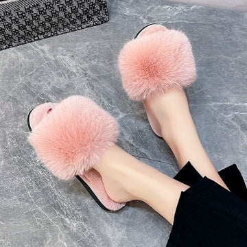 Xajzpa New Woman Slippers Winter Simple Word Fur Flats Soft Home Women Slippers Faux Fur Warm Bedroom Leisure Female Shoes